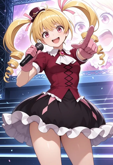 1girl, solo, pink eyes, blonde hair, long hair, twin drills, hair ribbon, pink ribbon, looking at viewer, small breasts,
mini hat, head tilt, jewelry, brooch, white ascot, frills, red shirt, short sleeves, pink gloves, black skirt, outdoors, standing, holding microphone, stage, smile, open mouth, pointing at viewer, cowboy shot, thighs,
,masterpiece,best quality,amazing quality,
<lora:bisky_meipaws:.9>