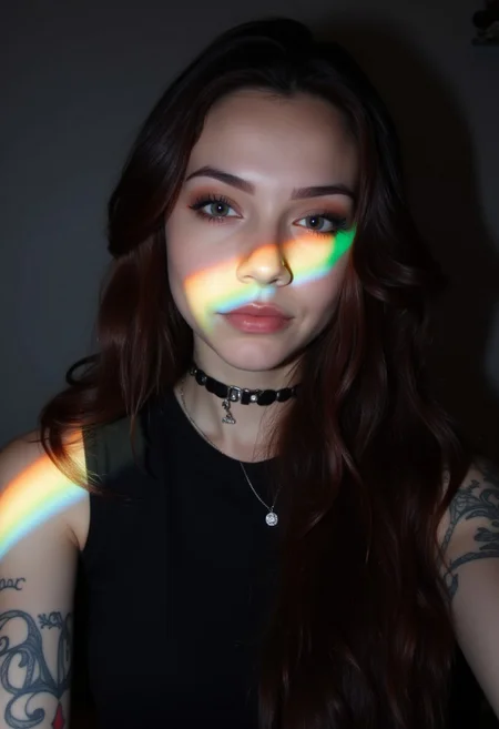 Full body Photo of a Goth Girl, long hair, rainbow colored light rays on her face, tattoo, selfie, tessellations, 1girl, midjourneyv6.1, detailmaximizer