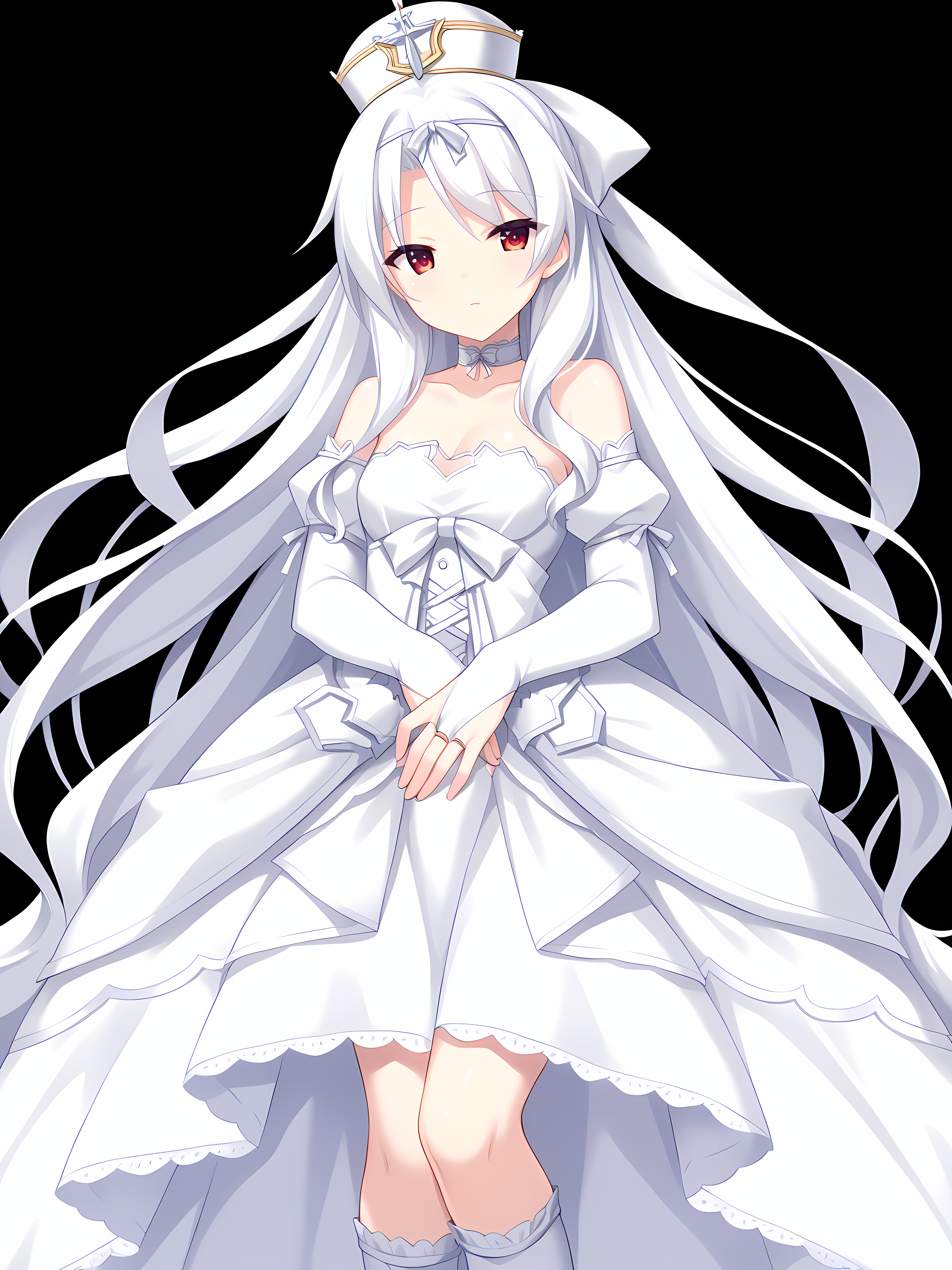 eushully,corona,long hair,white dress,red eyes,detached sleeves,very long hair,socks,white hair,hair ribbon,simple background,choker,hat,bridal gauntlets,black background,
<lora:Madou_Koukaku_-_Eushully:1>,, score_9, score_8_up, score_7_up,source_anime,(masterpiece),(best quality),(ultra-detailed),(best illustration),(best shadow),(absurdres),(detailed background),(very aesthetic),source_anime