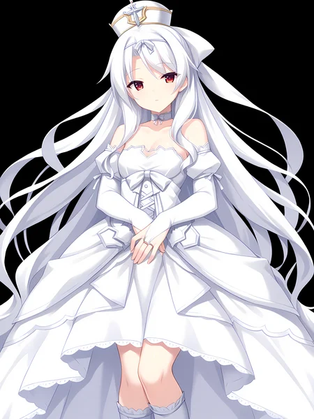 eushully,corona,long hair,white dress,red eyes,detached sleeves,very long hair,socks,white hair,hair ribbon,simple background,choker,hat,bridal gauntlets,black background,
<lora:Madou_Koukaku_-_Eushully:1>,, score_9, score_8_up, score_7_up,source_anime,(masterpiece),(best quality),(ultra-detailed),(best illustration),(best shadow),(absurdres),(detailed background),(very aesthetic),source_anime