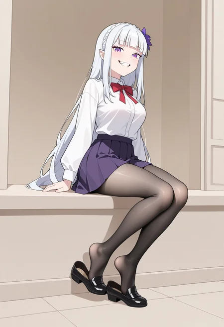 masterpiece, best quality, high resolution, source_anime, highly detailed illustration, detailed eyes,
very aesthetic, absurdres, newest, amazing quality,
1girl, solo, parody, meme,
<lora:shiLustmiliaV1ill:0.6>, shilustmilia, long hair, purple eyes, white hair, hair ornament, crown braid, hair flower, pointy ears, blunt bangs,
medium breasts,
white shirt, pleated skirt, pantyhose, sitting, fine fabric emphasis, <lora:shiShoePopV1ill:1>, shishoepop, heel pop,
looking at viewer, smile, open mouth, teeth, grin,