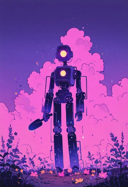 xxx667_illu, 80s style comic robot, Flatline, flat vector illustration, a glowing retro-futuristic robot planting a small plant on a lush green lawn, glowing neon accents on the robot’s body in blue, pink, and green, glitch effects subtly distorting the robot's limbs and joints as it moves, sleek metallic texture with clean, angular design, the robot’s eyes glowing with bright light, holding a small trowel with its robotic hand, carefully digging a hole in the soil, night sky above with a glowing full moon, scattered stars, wispy clouds drifting across, soft moonlight illuminating the robot and the plant, vegetation surrounding the scene including tall grass, small shrubs, and colorful flowers, soft neon glow from the robot casting shadows on the lawn, serene and peaceful atmosphere, a futuristic yet harmonious gardening action, glitch pulses emitting from the robot’s movements, detailed linework in bold black, deep blue sky with atmospheric depth, stylized flat art, surreal and tranquil blending of nature and technology.