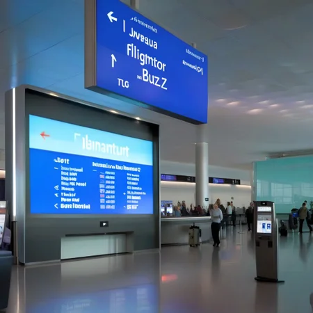 Airport lobby, Blue information board with text "flight for buzz"