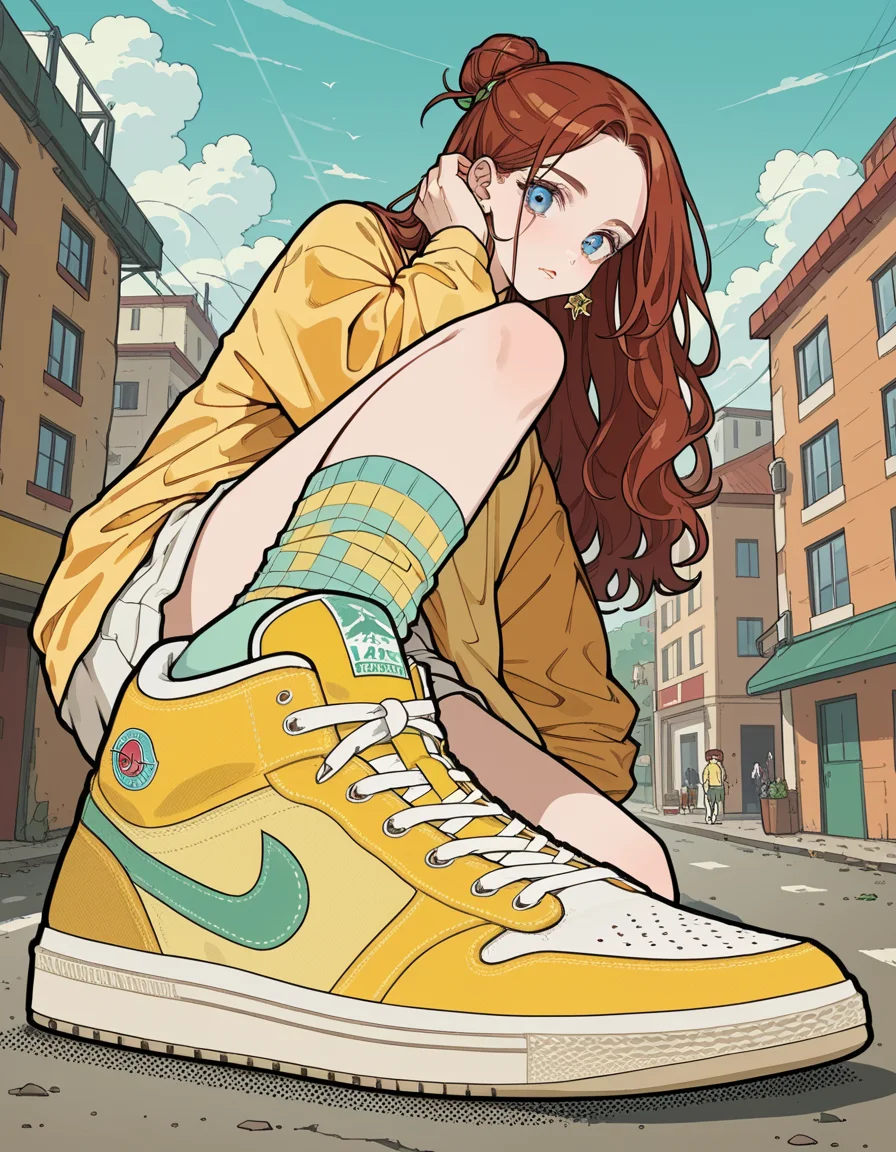 score_9, score_8_up, score_7_up, score_6_up, score_5_up, score_4_up, hud_sh03_sh0w, 1girl, solo, Umbral , Cloth Shoes, Yellow polo shirt, white Bermuda shorts, pastel striped socks, and white canvas sneakers, Visionary, Average Height, Toned, Triangular Face, Fair Skin, Auburn Hair, Blue Eyes with Green Flecks, Wide Nose, Pouty Lips, Sharp Chin, Shoulder-Length Hair, Wavy Hair, Ballerina Bun, soft breasts, Huggie earrings, black stain lipstick, Ivy League university campus foreshortening, looking at viewer, <lora:showinshoes:0.8>, outdoors,