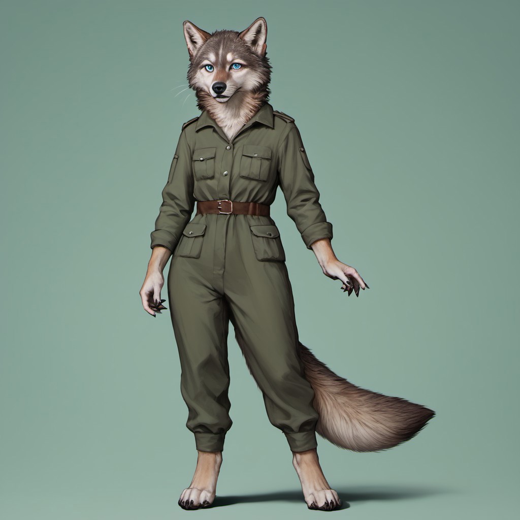 score_9, score_8_up, score_7_up, source_furry, detailed face, detailed eyes, incredible detail BREAK 1girl, solo, anthro, wide shot (furry female, wolf, light brown fur, monotone fur, light blue eyes,slightly wide hips, small breasts), black nose, whiskers, ear flop, solo, looking at viewer, simple background, green background, full body, hunter outfit, archer outfit, shy pose