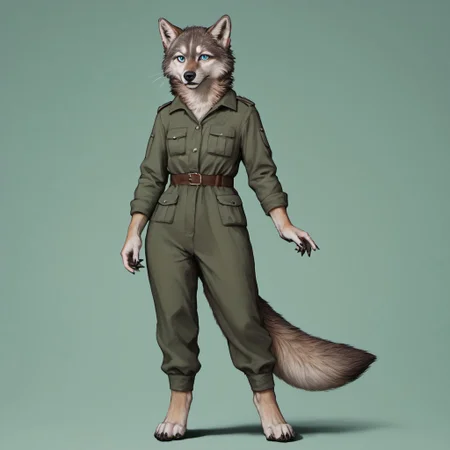 score_9, score_8_up, score_7_up, source_furry, detailed face, detailed eyes, incredible detail BREAK 1girl, solo, anthro, wide shot (furry female, wolf, light brown fur, monotone fur, light blue eyes,slightly wide hips, small breasts), black nose, whiskers, ear flop, solo, looking at viewer, simple background, green background, full body, hunter outfit, archer outfit, shy pose