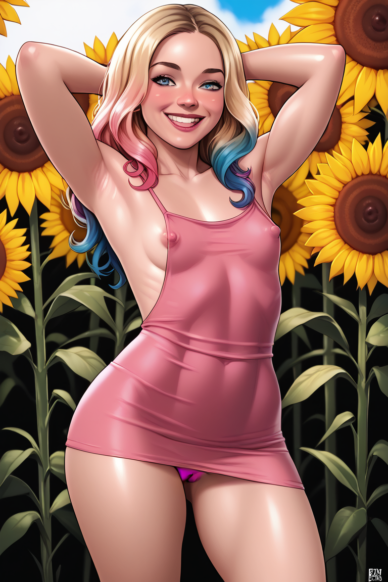 score_9, score_8_up, score_7_up, , shiny skin:0.1, source_realistic, , deep skin,, high quality, highres, , 1girl, (curvy), ((wide hips)),, thick thighs, cute, , sexy, small breasts, ,EnidSinclair, 1girl, blonde hair, long hair, wavy hair, multicolored hair, blue highlights, pink highlights, blue eyes, H&M_PGD3, , short dress, pink dress, sleeVeless, sideboob, (covered nipples), big nipples, camisole, areola slip, puSsy, ((blush)), solo, smile, pose, flowing hair, outside, sunflowers, rainbow, armpits