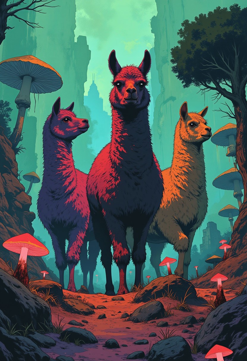three different colored alpacas in a dystopian landscape, they fight for survival and they look quite serious but also kind of cute. They have longer hair and look very fluffy. bioluminescent mushrooms, mist swirling around, dungeon punk aesthetic, neon violet and deep emerald greens clashing with the alpacas fiery fluffy fur, eerie shadows creeping along the ground, magical, otherworldly, anime, cyberpunk, DB4RZ, DB4RZ style painting