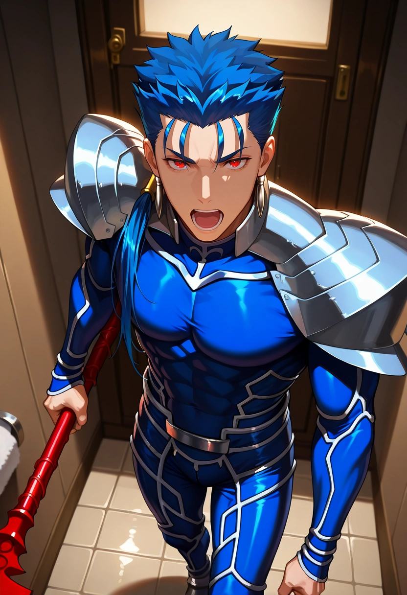 masterpiece, best quality, , semi-realistic, looking at viewer, 1boy, solo, male focus, <lora:lancer_fsn_ilxl:0.92>, lancer_fsn, cu chulainn \(fate\), blue hair, red eyes, long hair, ponytail, spiked hair, , armor, shoulder armor, pauldrons, weapon, polearm, spear, holding, holding weapon, holding polearm, from above, bathroom, indoors, dark, singing, speaking, talking,