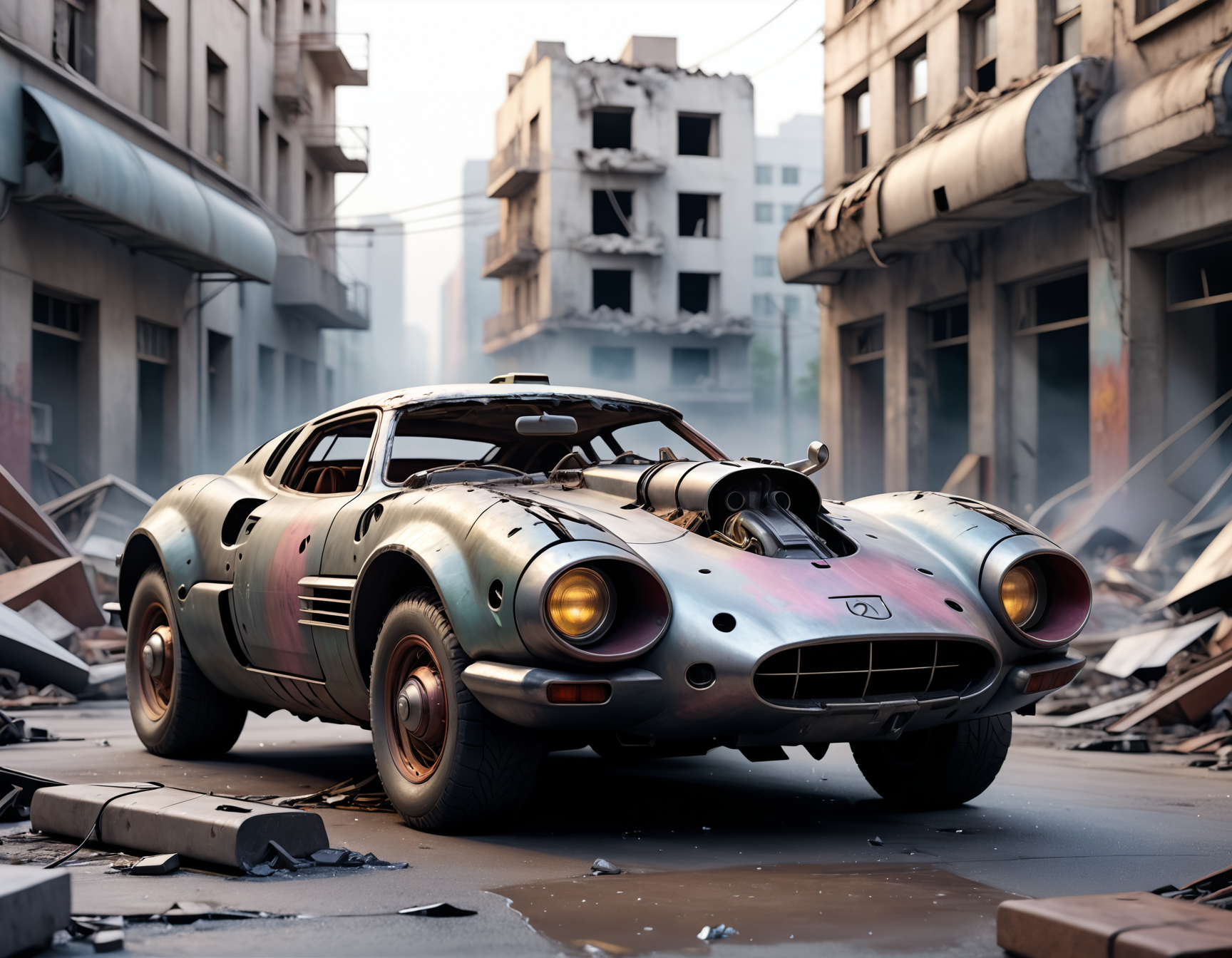 cinematic film still an futuristic cyberpunk, dieselpunk sports car in a destroyed city after an nuclear blast . shallow depth of field, vignette, highly detailed, high budget, bokeh, cinemascope, moody, epic, gorgeous, film grain, grainy, high quality photography, 3 point lighting, flash with softbox, 4k, Canon EOS R3, hdr, smooth, sharp focus, high resolution, award winning photo, 80mm, f2.8, bokeh
