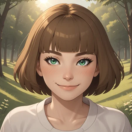 score_9, score_8, BREAK, solo, Millie_WSC, dark brown hair, short hair, blush, green eyes, sexy pose, smile, outdoors, sunlight, shadows, evening lighting, natural lighting, forest, trees, grass, orange sky, sunset