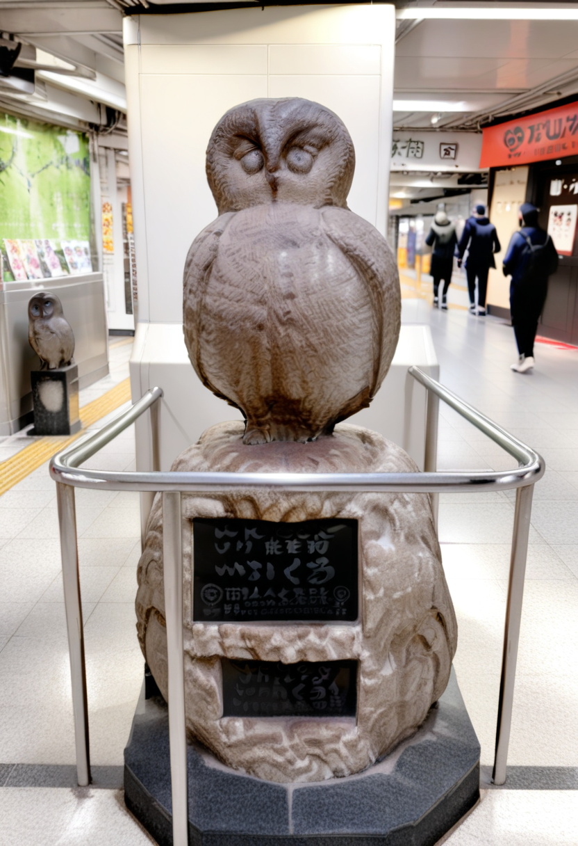 masterpiece, best quality, very aesthetic, absurdres,
ikefukurou, statue, owl, photo background, indoors, animal focus, realistic, tiles, tile floor
 <lora:ikefukurou_SDXL_V1:1>