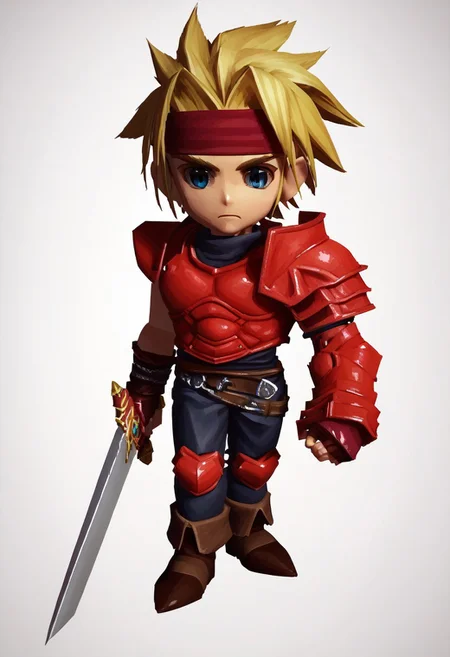 score_9, score_8_up, score_7_up, 3d BREAK 1boy, solo, ffviichibis, chibi, standing, full body, white background, dartfeld, red headband, short hair, blonde hair, blue eyes, red armor, brown belt, sword, kneepads