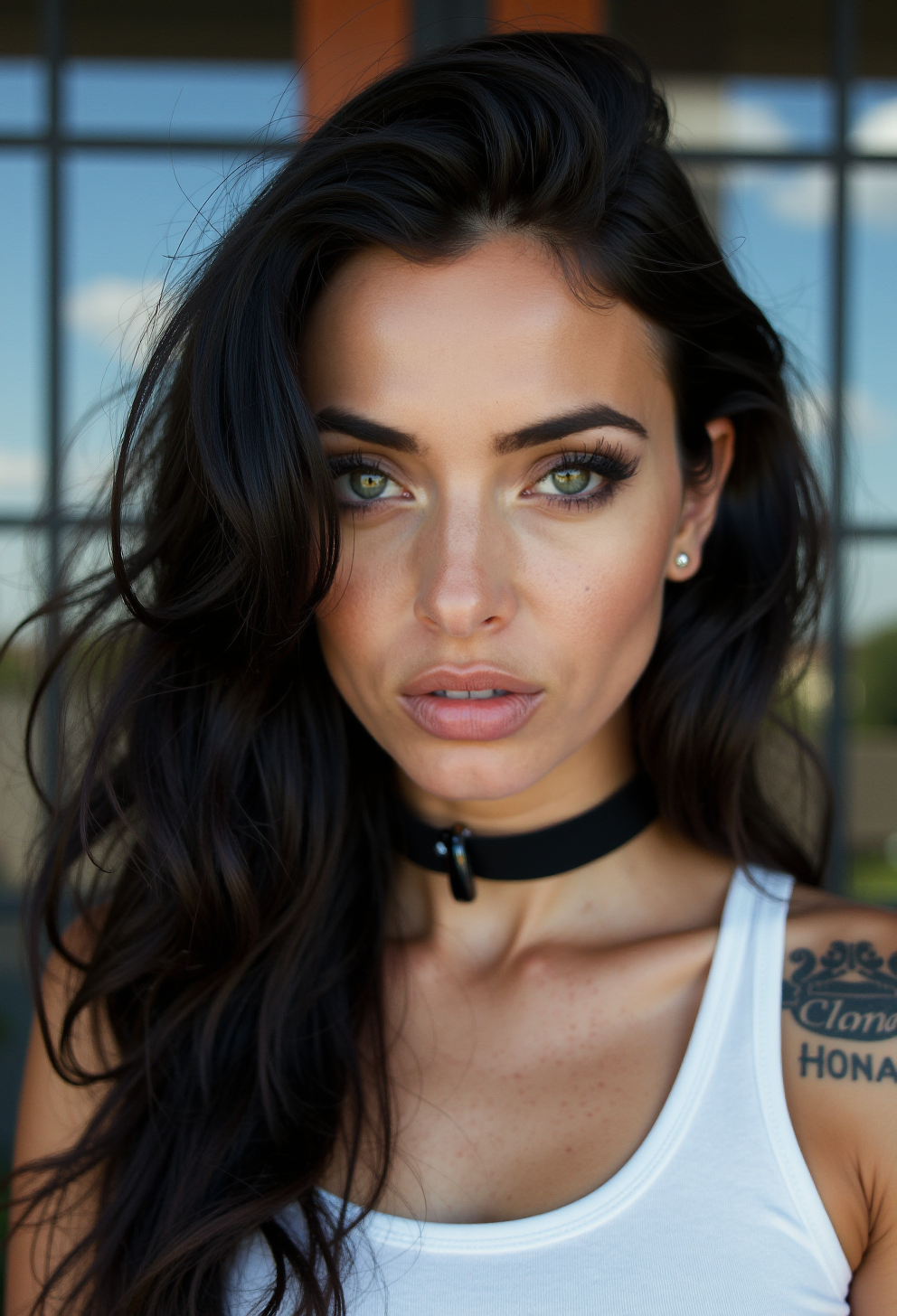 a professional closeup photo portait of a young woman with striking features, she has fair skin, her large, expressive green eyes are framed by thick, dark eyelashes, and her lips are full and naturally pink, she wears a black choker around her neck and a white tank top that reveals a tattoo on her upper arm, her hair is long, wavy, and black, with a few strands framing her face, she has a dark makeup, the blurred background shows a window and a blue sky with a few white clouds, the photo focus the attention on the subject, the lighting is soft and natural, enhancing the texture and depth of her skin and hair, the overall style is highly detailed and lifelike, capturing fine details such as the texture of her hair and the subtle shading that adds depth and realism to the image