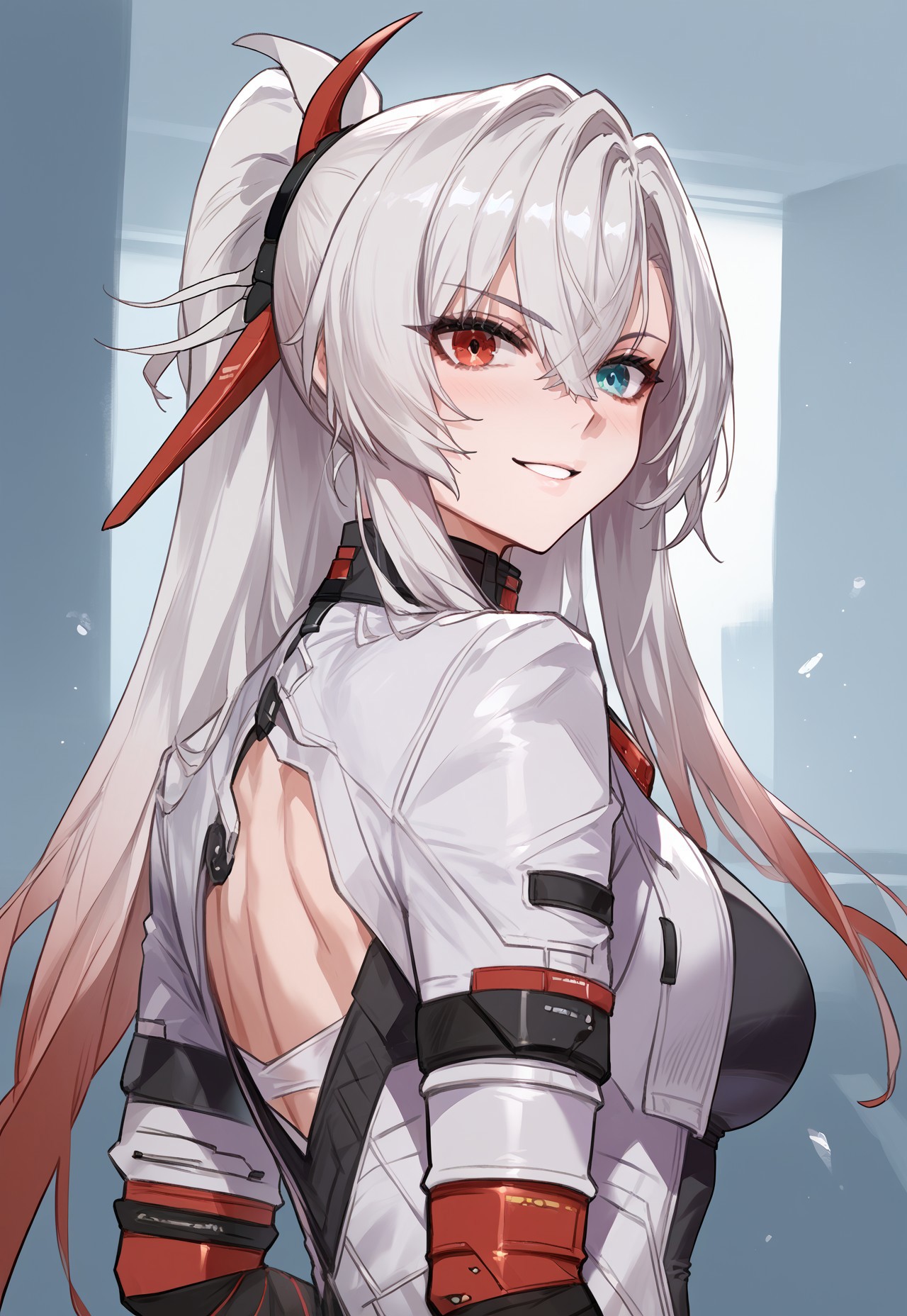 zPDXL3, score_9_up, score_8_up, score_7_up, (Anime_source), 1girl, CrimsonWeave, heterochromia, red eye-blue eye, long hair, multicolored hair, white-red hair, Weave uniform, long jacket, upper body, looking at viewer, looking back, smile, parted lips, little blush