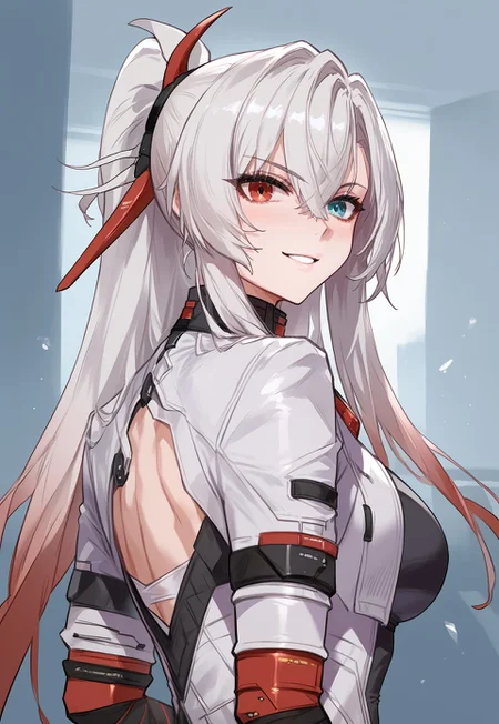 zPDXL3, score_9_up, score_8_up, score_7_up, (Anime_source), 1girl, CrimsonWeave, heterochromia, red eye-blue eye, long hair, multicolored hair, white-red hair, Weave uniform, long jacket, upper body, looking at viewer, looking back, smile, parted lips, little blush