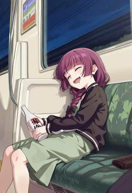 great quality,scenery,(almic,akakura,ogipote,dikko:0.7), train interior,(sincos:0.6), perspective,,sleeping on seat,official wallpaper,twfrom window,lying on sheets,night ,from side,sleeping,hiroi kikuri,purple hair,single braid,black jacket,green dress skirt,closed eyes,smirk,,holding sake,sake bottle,feet out of frame,leng up,dynamic pose, (top down bottom up:1.2),out of frame, depth of field,:d,drooling,skin fang