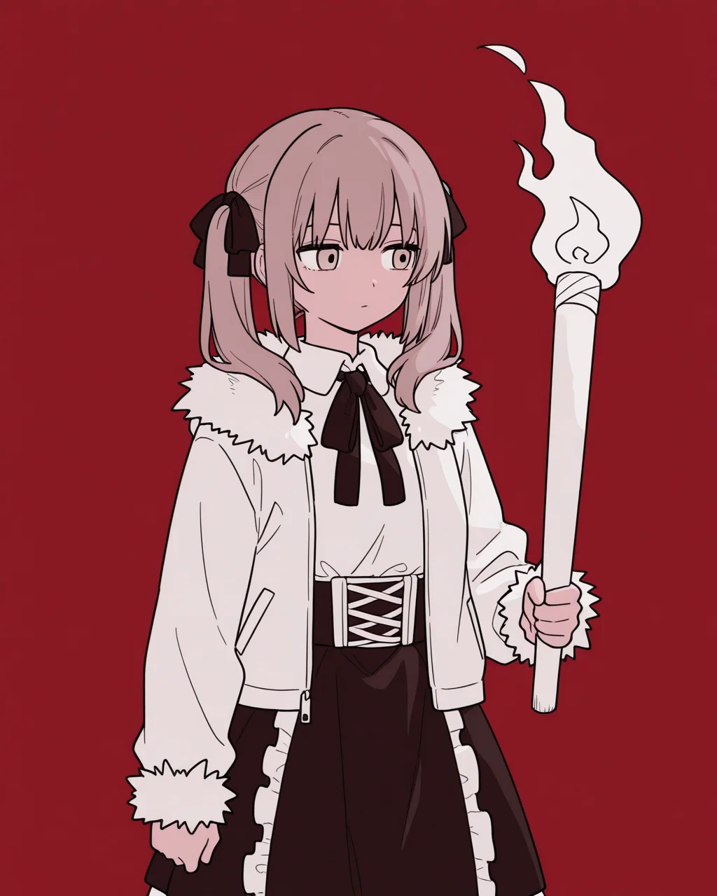 1girl, solo, adipocere \(vocaloid\), brown hair, hair ribbon, black ribbon, twintails, brown eyes, empty eyes, neck ribbon, fur-trimmed jacket, white jacket, white shirt, black skirt, holding, torch, fire, monochrome, 2d, flat color, looking at away, cowboy shot, simple background, red background, masterpiece, best quality, very aesthetic, absurdres