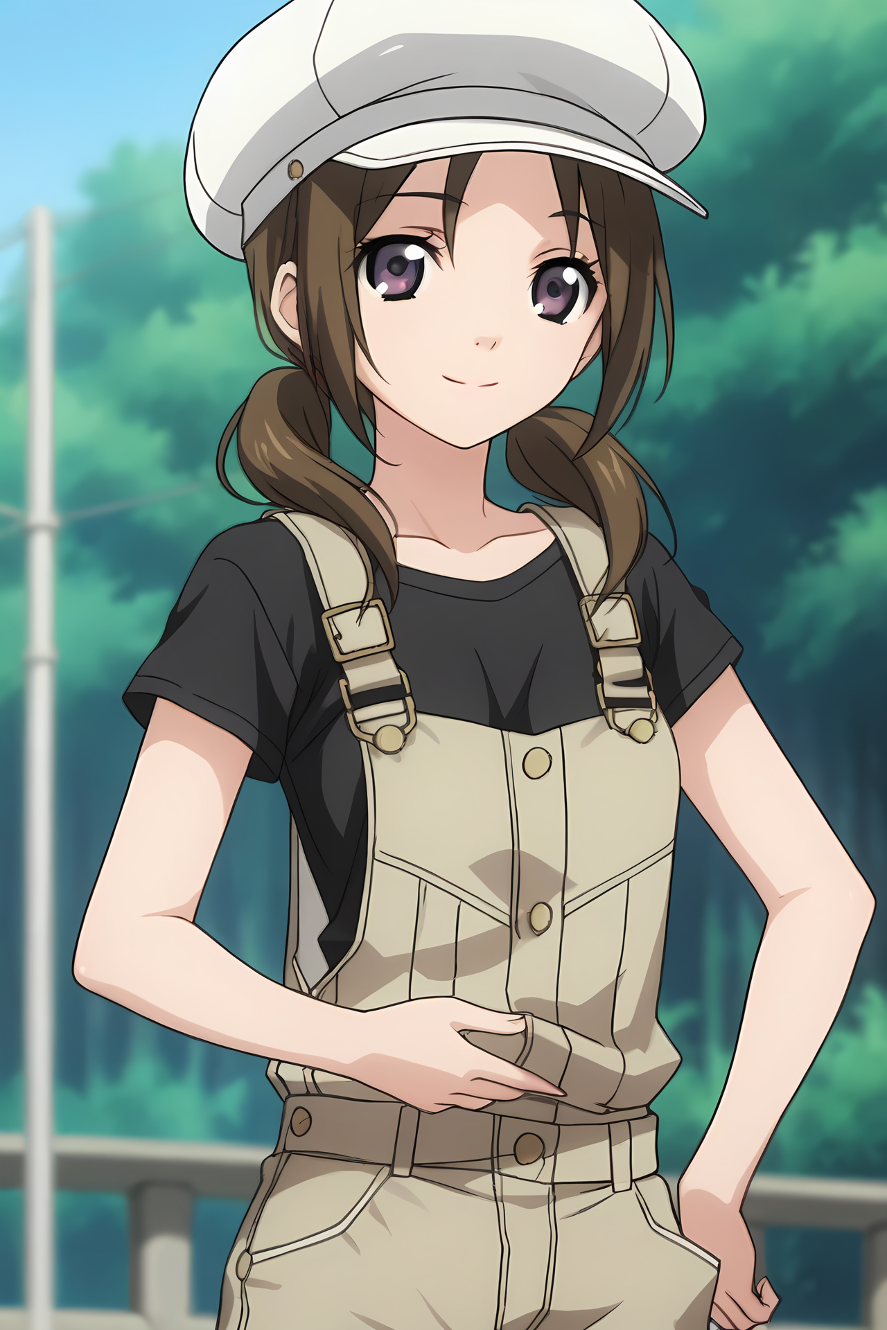 (short overalls black shirt:1.50), cpc-ichika, brown hair, short hair, low twintails, parted bangs, purple eyes,
1girl, solo, skinny, (source_anime, score_9, score_8_up, score_8, score_7_up), score_7, score_6_up, score_6, score_5_up, score_5, 
(happy:1.10),
(spacecraft:0.70),
(close-up:1.40), (:1.10),
cabbie hat, 
medium breasts
<lora:cpc-ichika-V02:0.70>