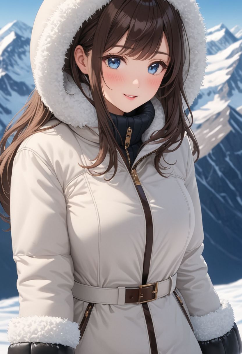 ((((white Oversized shearling down jacket)))), ((((white Oversized shearling puffer jacket)))), ((((white Oversized shearling winter clothes)))), ((((very very cold, in cold)))), ((((semi-realistic)))), ((((puffer hood)))), ((medium knee office skirt, pantyhose, boots)), ((((full length)))), ((sharp eyelid, eyeliner, eyelashes, beautiful detailed eyes, tsurime, long messy brown hair, blue eyes, perfect anatomy)), detailed fingers, solo, smile, standing, icefield, ((((masterpiece)))), ((((best quality)))), ((intricate details)), RAW, 8K UHD, (1girl), office lady, detailed face, beautiful face, charming, bonny, (((blush))), (((heavy breathing))), (((feels orgasm))), wind, (Thick padded collar:1.4), (TSH:1.4), (Thick padded cuffs:1.4)
