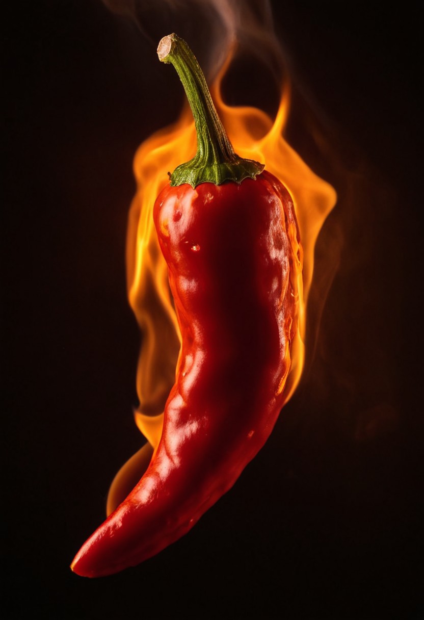 A vertical red chili pepper stands dramatically in the center and full view, surrounded by swirling flames that dance around it in a fiery display. The vibrant red of the chili contrasts sharply with the bright orange and yellow hues of the fire, creating a dynamic and intense visual. The background is dark, emphasizing the brilliant colors and energy of the flames. Photographed a macro lens, the lighting is intense and focused, capturing every detail of the chili's texture and the mesmerizing movement of the fire. --v 5 --q 2