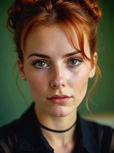 the photo was shot on Kodak Ektachrome 64 film with a Hasselblad 500 EL/M SLR camera and a Zeiss Planar f/2.8 80mm lens, aperture f/8, shutter speed 1/60s, ISO 64. it shows close-up of a breathtakingly cute 30 y.o. female overslept teacher at the blackboard, tired, eye bags, messy red hairbun, black mesh blouse