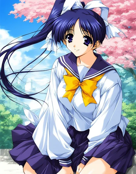 score_9, score_8_up, score_7_up, source_anime, rating_explicit, BREAK <lora:Itou_Noemi_XL:1> ItouNoemi, long hair, blue hair, blue eyes, hair bow, side ponytail, yellow bow, purple hair, ponytail, hair ribbon, purple eyes, breasts, white bow, smile,
school uniform, purple skirt, white long sleeve,
outdoor, day,