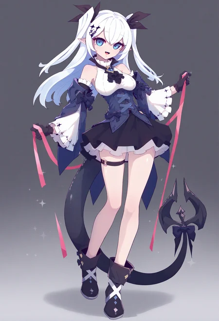 1girl,
solo, gloves, black gloves, blue eyes, full body, pointy ears, long hair, skirt, tail, holding, detached sleeves, standing, black skirt, breasts, simple background, bare shoulders, white hair, looking at viewer, shirt, thigh strap, open mouth, white shirt, black ascot, medium breasts, black footwear, two side up, sparkle, hair ornament, high-waist skirt, bow, ribbon, ascot, sleeveless shirt, wide sleeves, long sleeves, smile, boots, very long hair, miniskirt, thighs, white background, sleevele,
.
masterpiece, best quality, very aesthetic, absurdres
<lora:仿²¢forNoob:0.95>