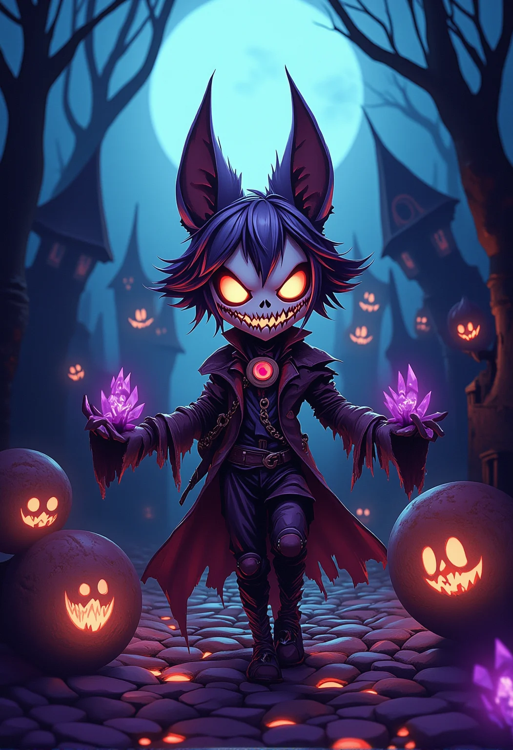 bv-twiwonsty. A eerie ethereal banshee with neon-lit eyes and a grinning skull face, sneaking in a desolate wasteland. The atmosphere is thick with glowing sparks, casting vibrant orange and purple lights across ancient monuments. The figure is dressed in tattered robes, surrounded by glowing crystals that pulse with dark energy. Nearby, enchanted armor dance in the moonlight. , <lora:bv-twisted-wonderland-style-v1.safetensors:1.0:1.0>