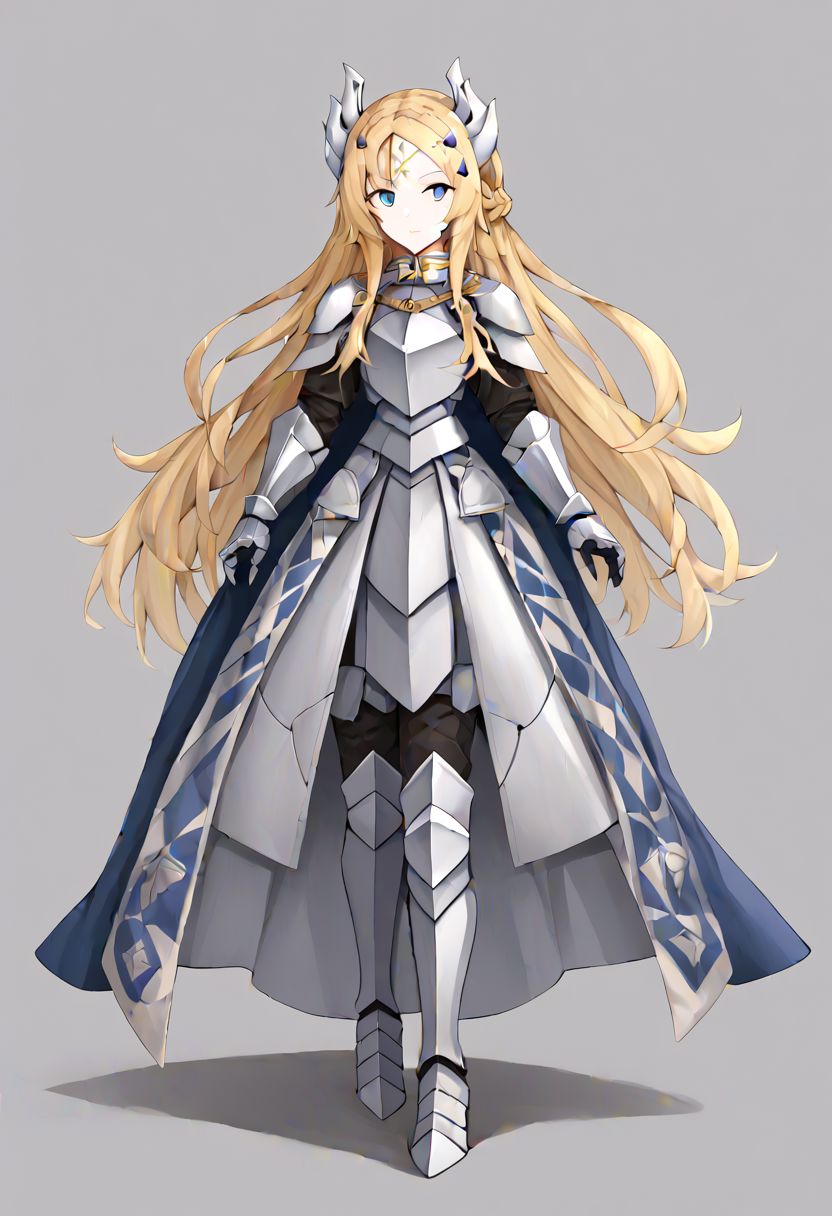 yugioh ecclesia, blonde hair, blue eyes, braid, facial mark, fake horns, forehead mark, hair ornament, horns, long hair, armor, armored dress, cape, gauntlets, headgear, leg armor, shoulder armor, white armor, 
masterpiece, best quality, very aesthetic, absurdres, full_body, tachi-e,