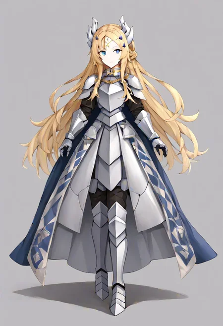 yugioh ecclesia, blonde hair, blue eyes, braid, facial mark, fake horns, forehead mark, hair ornament, horns, long hair, armor, armored dress, cape, gauntlets, headgear, leg armor, shoulder armor, white armor, 
masterpiece, best quality, very aesthetic, absurdres, full_body, tachi-e,