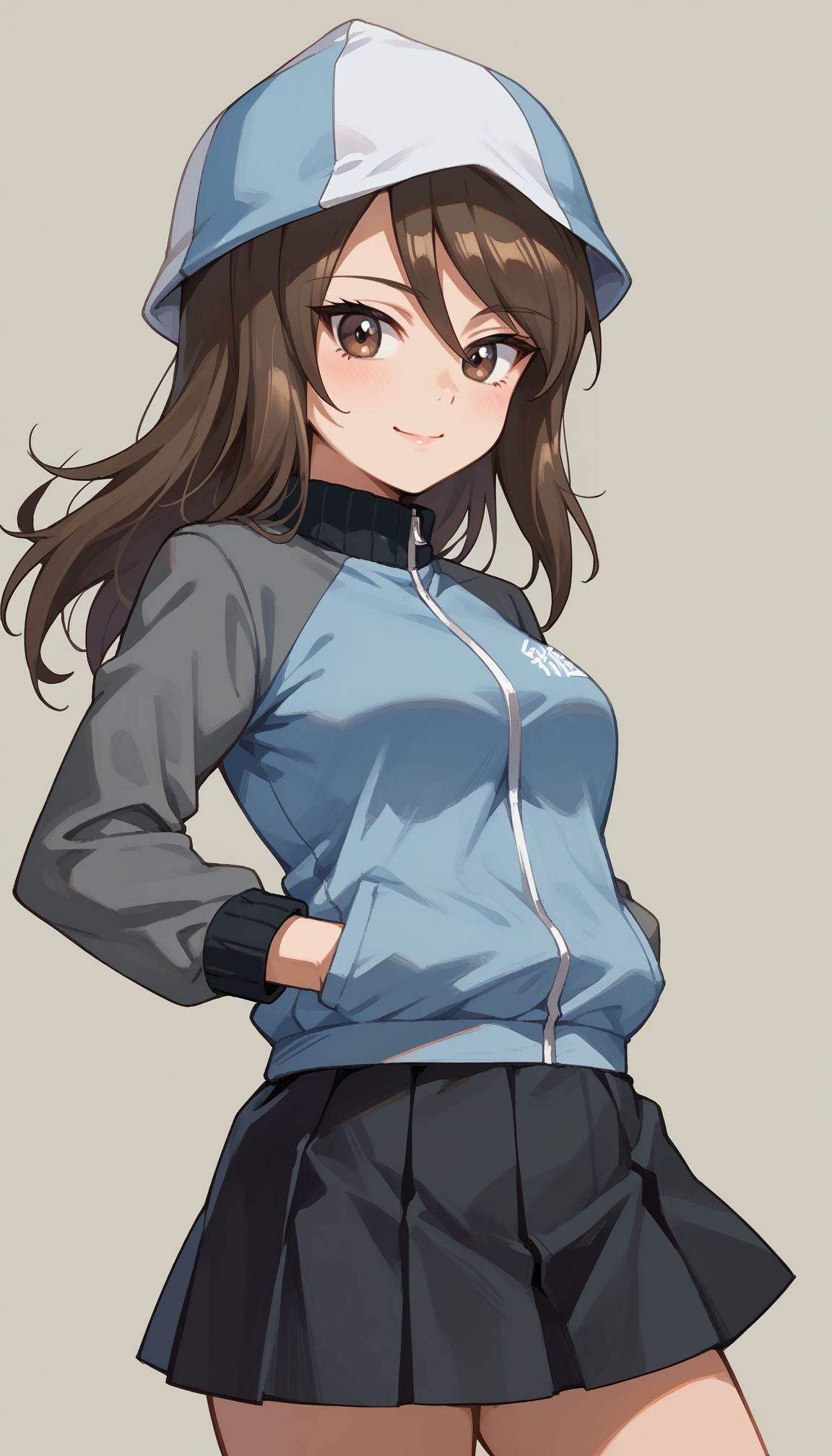 score_9, score_8_up, score_7_up, source_anime, ,
 <lora:GUPMika:1> , BBMika, 1girl, mika (girls und panzer), tulip hat, long hair, keizoku military uniform, brown hair, brown eyes, pleated skirt, blue headwear, smile, track jacket, blue jacket, long sleeves, miniskirt,