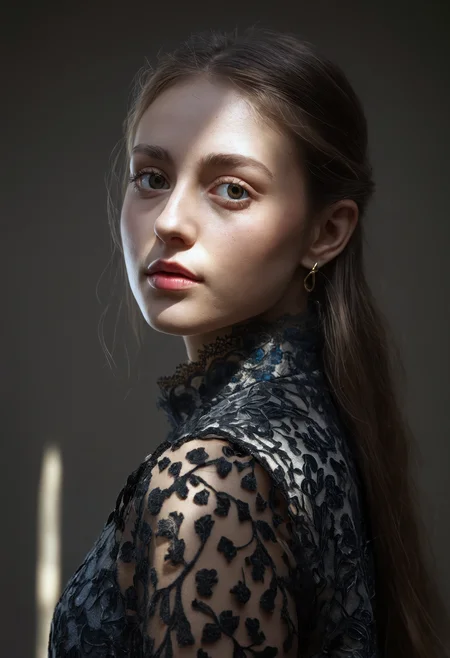 cinematic photo of a woman, estate garden with topiary, (derision expression), (high-neck blouse with long sleeves and wide-leg pants), cropped torso,  sdxl_cyberpositive_photo