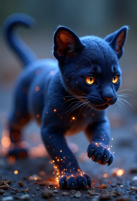 Imagine a pet that is a small panther cub infused with the cosmos. Its fur is a deep, velvety black, but as it moves, its coat shimmers with swirling galaxies, constellations, and distant stars. The creature’s eyes glow like twin moons, shifting between silver and deep purple, and its claws leave faint traces of stardust wherever it walks. Its body moves with feline grace, but when it runs, it appears to phase in and out of reality, leaving behind trails of nebula-like mist. The creature is both mysterious and majestic, a loyal companion to any star-gazing mage.