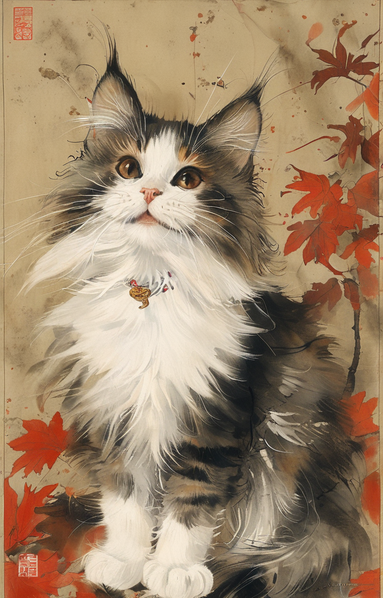 masterpiece,best quality,<lora:tbh162-sdxl:0.9>,illustration,style of Kawanabe Kyosai, cute Mainecoon cat and Abyssinian cat