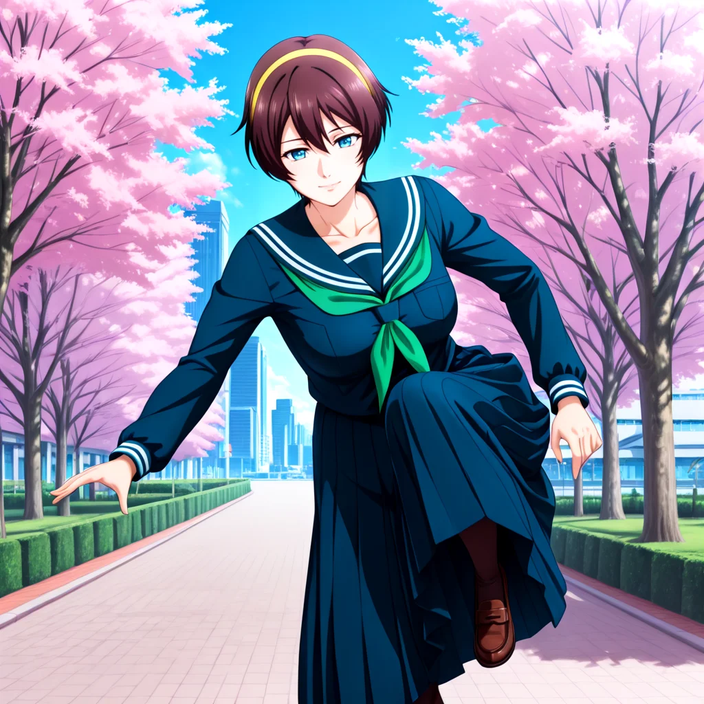 Yuu_School, 1girl, brown short hair, hair between eyes, blue eyes, medium breasts, collarbone, yellow hairband, serafuku, green neckerchief, sailor collar, dark blue serafuku, long sleeves, , <lora:Yuu_IL2:1> City promenade lined with cherry blossom trees, light smile, Balancing on one foot, pretending to be a scarecrow