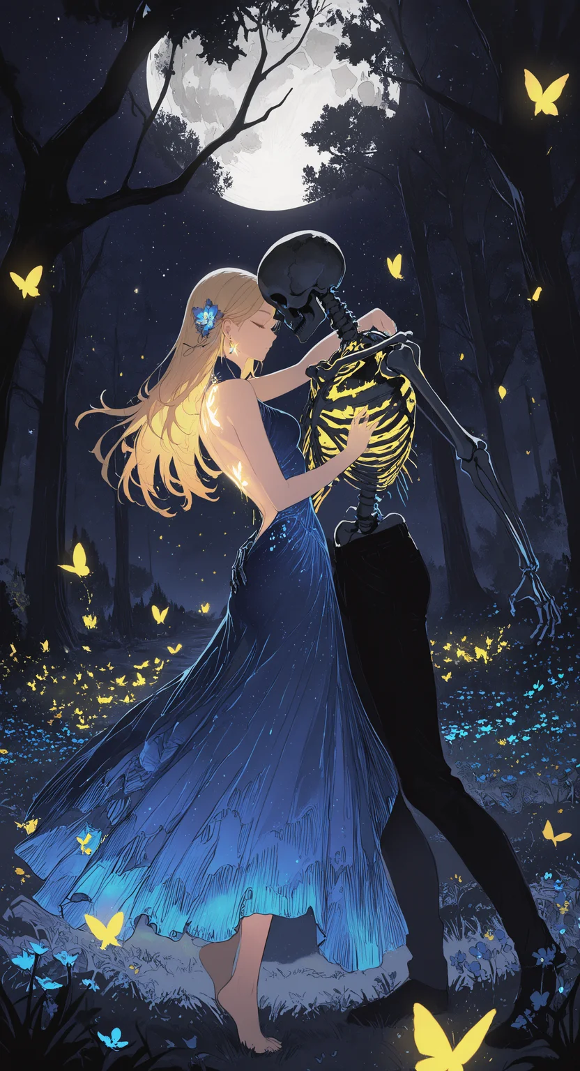 masterpiece, best quality, good quality, very awa, newest, highres, absurdres, 1girl, long hair, breasts, blonde hair, hair ornament, 1boy, dress, jewelry, standing, full body, closed eyes, flower, outdoors, earrings, sky, barefoot, pants, hair flower, from side, tree, hug, blue dress, night, black pants, glowing, moon, grass, bug, star \(sky\), butterfly, night sky, nature, full moon, starry sky, blue flower, forest, backless outfit, long dress, dancing, backless dress, ribs, skeleton, arm around waist, hand on another's back, hand on another's hip, yellow butterfly, glowing butterfly, limited palette, sketch, glowing, psychedelic, <lora:illustriousXL_stabilizer_v1.23:0.3> <lora:NOOB_vp1_detailer_by_volnovik_v1:0.3> <lora:ponyv6_noobE11_2_adamW-000017:0.3> <lora:114558v4df2fsdf5:0.7> <lora:mon_monmon2133:0.6>