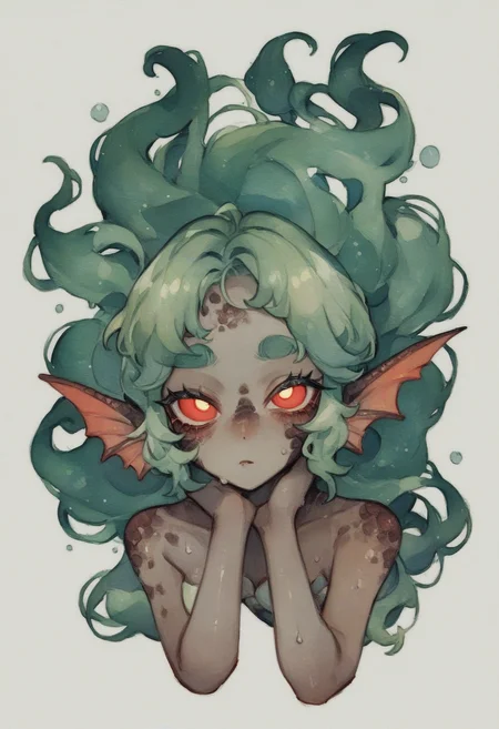 score_9,score_8_up,score_7_up,score_6_up,score_5_up,score_4_up BREAK (watercolor effect) (a mermaid lurking in swamp water) (mermaid tail) (full body) (horror) (dark fantasy) (wet hair in face) (scales) (fish ears) (green hair) (red glowing eyes) (beautiful) (luring) (siren) (creepy) (evil) (adult woman),<lora:Gothic Art 2 Style SDXL_LoRA_Pony Diffusion V6 XL:0.3>,serious,hair_twirling,