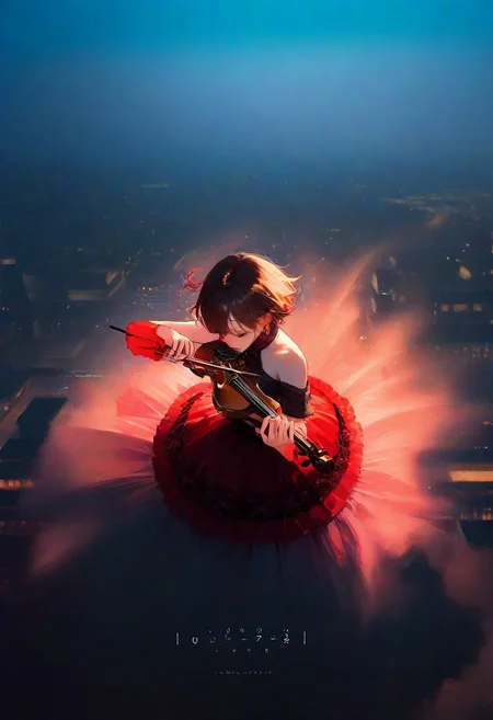 masterpiece, best quality, good quality, very aesthetic, absurdres, newest,1girl, solo, short hair, shirt, brown hair, , black Off-shoulder Gothic floral dress, holding, closed mouth, jewelry, closed eyes, earrings, sleeveless, lips, instrument, nose, music, holding instrument, playing instrument, violin, bow \(music\), holding violin,
outdoors,sky, wind, Wide Shot, From Above,From Above,
The overall scene should have a dark and gloomy atmosphere, with the main tone being violet red.
City Lights Lighting,meteors shower, <lora:spo_sdxl_10ep_4k-data_lora_webui:0.6> <lora:ponyv5_noobV065S_1_adamW-000013:0.7> <lora:USNR_STYLE_XL_lokr:0.5> <lora:EtherSDXL:0.15> <lora:748cmSDXL:0.3>