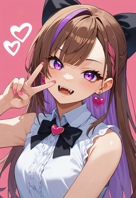 score_9,score_8_up,score_7_up, , source anime, 1girl, bare shoulders, black bow, bow, brown hair, earrings, fangs, hair bow, head tilt, heart, heart earrings, jewelry, long hair, looking at viewer, multicolored hair, open mouth, pink background, pink nails, purple eyes, purple hair, shirt, simple background, single earring, sleeveless, sleeveless shirt, solo, streaked hair, upper body, v, virtual youtuber, white shirt