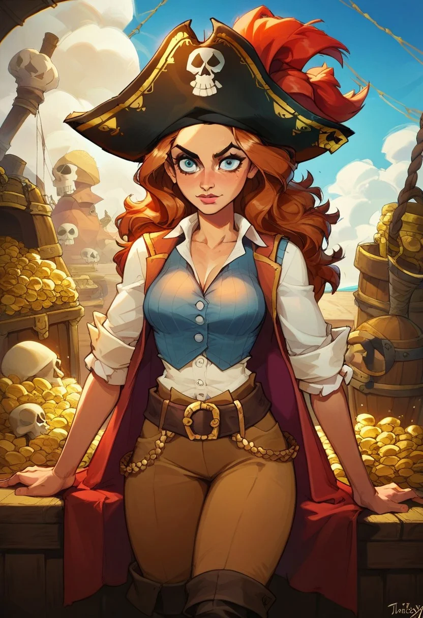 score_9, score_8_up, score_8_up, sexy woman, clean eyes, clean eye lines, pirate, pirate hat, vest on bare body, brown pants, thick belt, skull island, sunny day, gold, treasure,