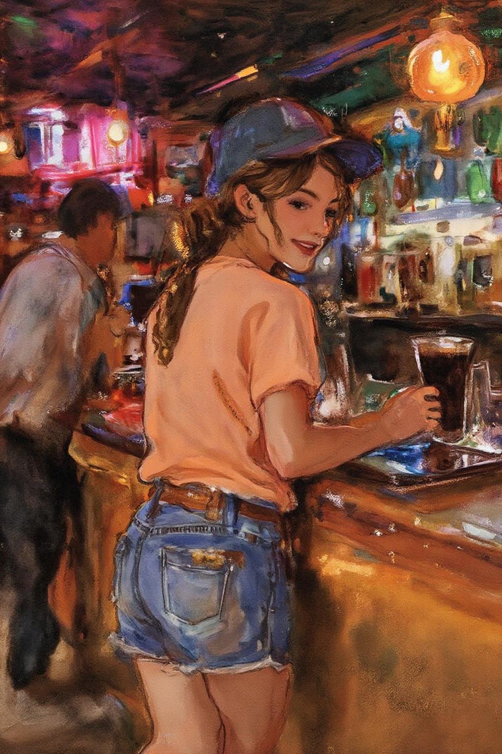 johnsingersargent3 painting. 
The air buzzes with the energy of a busy bar, a mix of music, conversation, and the clinking of glasses. A barmaid, the embodiment of youthful vibrancy, navigates the lively scene. She wears a peach-coloured T-shirt, the soft fabric contrasting with the smooth, cold glass of coke she carries on a small tablet. Her short skirt adds a playful touch, and a backwards baseball cap hints at a carefree attitude. The setting and atmosphere are palpable: the warm, slightly sticky surface of the bar counter under her fingertips, the dim, colourful lighting that casts playful shadows. Sensory details are abundant: the condensation forming on the glass of coke, the texture of her denim skirt, and the way the bar lights catch the highlights in her hair. Her confident stride, her quick smile, and her efficient movements. Stylistically, the image draws inspiration from the vibrant, candid shots of nightlife photographers, with a touch of the stylized realism found in contemporary illustration. There's a deliberate contrast between the barmaid's youthful energy and the slightly worn, lived-in atmosphere of the bar, creating a dynamic and engaging image.  <lora:johnsingersargent3_cap_d8a4e12:1.0><lora:859979595770799929:0>