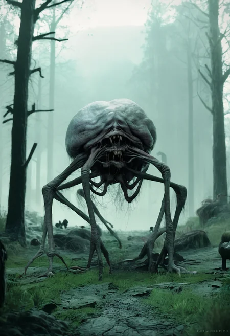score_9, score_8_up, score_7_up, zy_monster, monster, realistic, horror, monster, realistic, horror, towering creature, rotting mouths, jagged teeth, shifting form, gnashing jaws, sickly green, noxious gas, barren wasteland, twisted bones, dead trees, cracking ground, mouths in earth, grotesque, unsettling, horror, monstrous, decaying, toxic atmosphere, eerie landscape, dark fantasy, depth of field, highly detailed, high contrast, film grain, <lora:zy_Horror_Monsters_PonyRealism_v1:0.75>