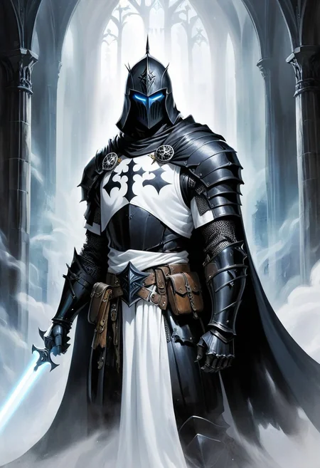 score_10, score_9, score_9_up, score_8_up, score_7_up, masterpiece, best quality, ghost, black armor, black knight, hood, ((hood over helmet)), black hood, duo focus, multiple_boys, 2boys,, two figures, Fantasy, knight, gothic, full plate armor, armor, black, cloak, hood, sith, sword, heavy armor, white light saber, white tabard, shield, reflection, spirit, translucent, black mist, paladin, fighter, rogue, vivid color, castle,