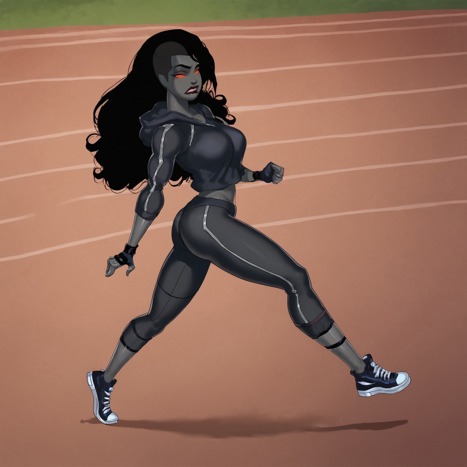 safe_pos, score_9_up, score_8_up, score_7_up, solo, 1girl, lipstick, long hair, black hair, asymmetrical hair, grey skin, no pupils, red eyes, red sclera, glowing eyes, sports clothes, sports hoodie, sports pants, baggy clothes, sneakers, fingerless gloves, covered, grail (dc), looking at viewer, running track, running