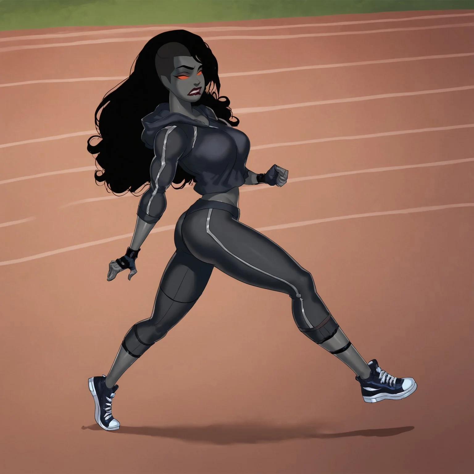 safe_pos, score_9_up, score_8_up, score_7_up, solo, 1girl, lipstick, long hair, black hair, asymmetrical hair, grey skin, no pupils, red eyes, red sclera, glowing eyes, sports clothes, sports hoodie, sports pants, baggy clothes, sneakers, fingerless gloves, covered, grail (dc), looking at viewer, running track, running