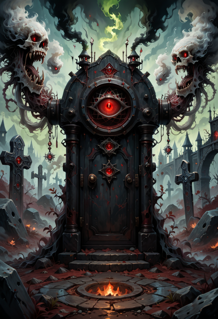 score_9, score_8_up, score_7_up, score_6_up, SV, full body detailed CGI art, 
large tombstone, looking into viewer's eyes, white hair, dark skin, red eyes, foggy dim atmosphere, floating smoke, mystical intense ambiance, portal to hell gates, ominous background