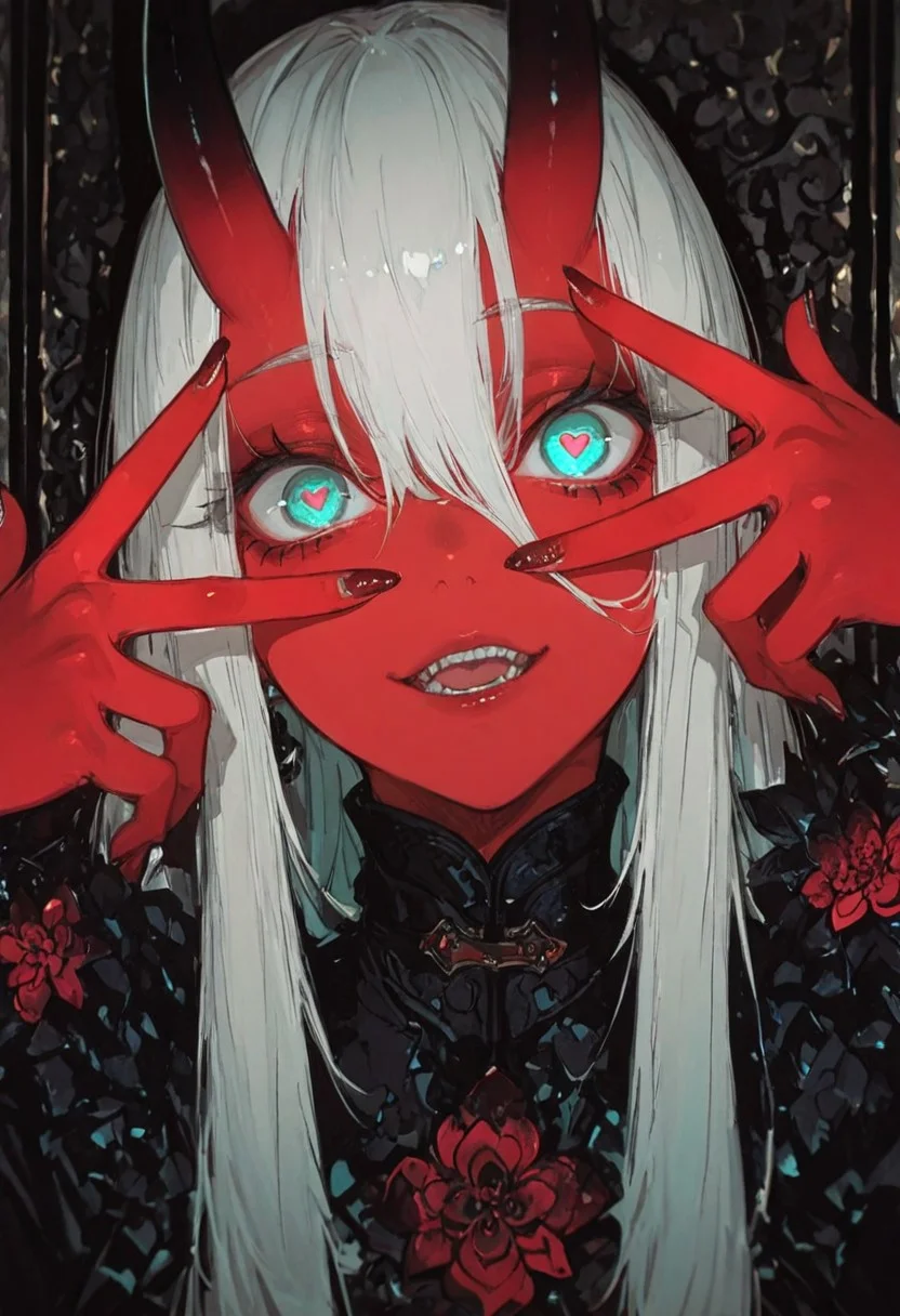 masterpiece, best quality, good quality, very awa, newest, highres, absurdres, uncensored, 
Good quality, newest,1girl, 
BREAK
detailed background, eyelashes, erotic, looking seductive, coy. dynamic action image, detailed face, detailed eyes, direct mesmerizing gaze, 
BREAK
(sexy, slutty, hot, aroused), 
Aka-Oni, oni, colored skin, red skin, smooth horns, black horns
BREAK
flirting:2.0, flower,
BREAK
(EyesHD:1.2), (4k,8k,Ultra HD), masterpiece, best quality, ultra-detailed, very aesthetic, sharp focus, depth of field, ray tracing, best lighting, detailed illustration, detailed background, cinematic, beautiful face, beautiful eyes, 
BREAK
looking at viewer, close-up, portrait, detailed hands, one eye covered by hands, @_@, fingernails, hands up, hair between eyes, eye focus,heart pupils, detailed hands, finger frame, fingernails, hands up, nails, finger frame over eye, close-up, (aqua:0.6) eyes, (crazy eyes):1.3, eye focus, finger frame, fingernails, hands up, nails, finger frame over eye,