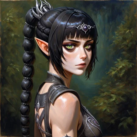 masterpiece, best quality, newest, absurdres, highres, GOTPV1.0, oil painting (medium),
1girl, shadowheart \(baldur's gate\), long braid, elf, pointy ears, black hair, braid, side bangs, green eyes,