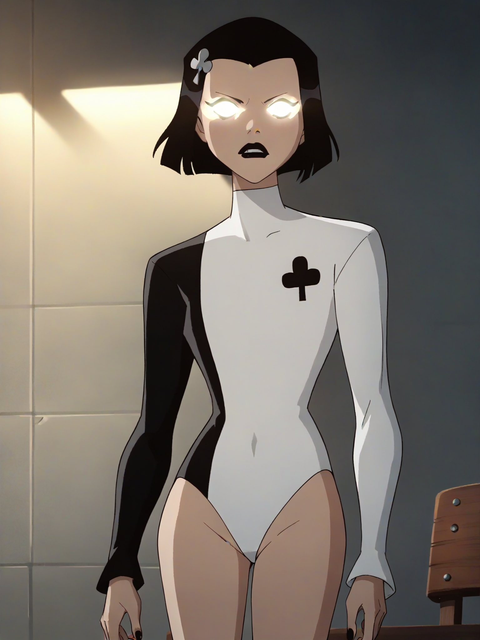 <lora:AcePony1.0:0.85> ace, 1girl, black hair, solo,  white leotard, short hair, hairclip, black lipstick,glowing eyes,  long sleeves, bob cut,club \\(shape\\) , cowboy shot,score_9, score_8_up, score_7_up, score_6_up, score_5_up, score_4_up